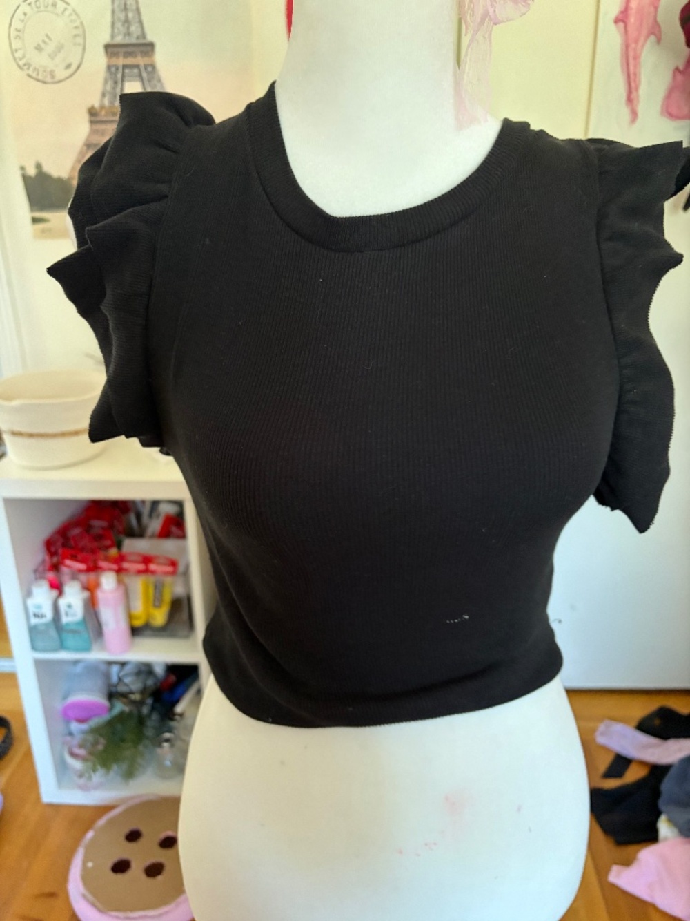 Zara Ribbed Ruffle-Sleeve Crop Top